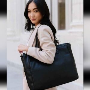 Classic Black Leather Tote Bag with Wide Straps